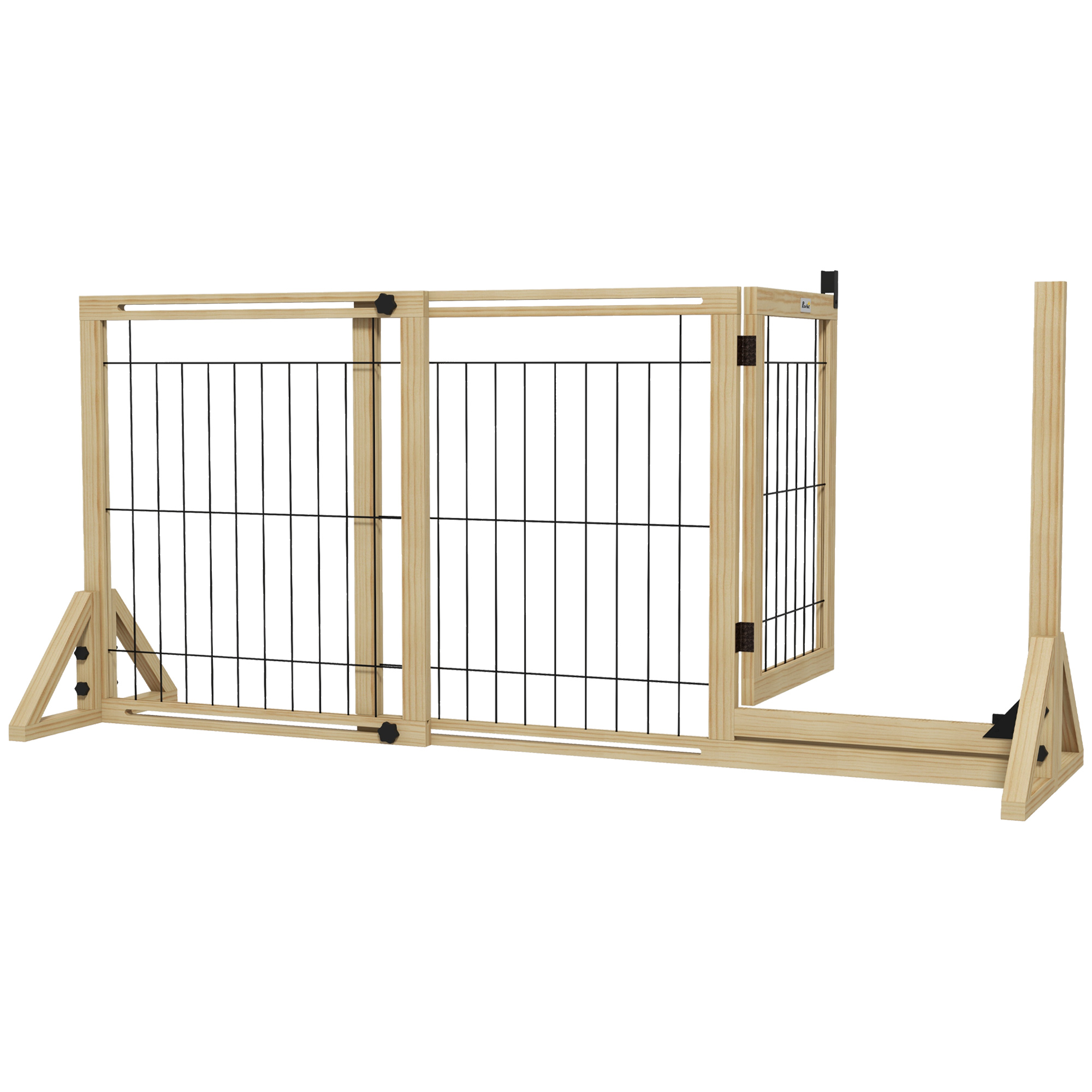 mDS2d919b45302467.jpg Cancelletto per Cani Estensibile con Porta e 2 Pannelli, Piedini Triangolari, 112-159x70 cm, Legno Naturale - immagine 1
