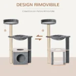 Albero Tiragraffi per Gatti Alto 95cm, Palestra per Gatti di Multilivelli con Casetta, Amaca, Pallina da Gioco, Cuccia e Corde in Sisal, 48x34x95cm, Grigio - immagine 6