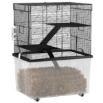 Gabbia per Criceti 3 Piani con Ruote, 2 Piattaforme, Rampe, Ciotola e Bottiglia, 58x43x74 cm, Nero