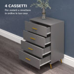 Cassettiera 4 Cassetti Moderna in Legno e Alluminio, 60x40x90 cm, Oro e Grigio Scuro - immagine 4