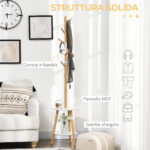 Appendiabiti da Terra per Ingresso in MDF e Alluminio con 5 Ganci in Bambù e Tavolino Rotondo, 39,5x39,5x171 cm - immagine 6