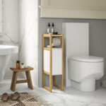 Mobile Bagno Salvaspazio con Porta Carta Igienica, Armadietto e Ripiano in Bambù, 20x33x80cm, Bianco - immagine 2