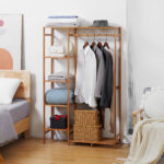 Appendiabiti in Bambù con Scaffale a 6 Livelli e Barra Attaccapanni, 90x30x145 cm, Legno Naturale - immagine 2