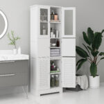 Mobile Colonna Bagno con 3 Armadietti e Ante in Vetro e a Persiana, 60x30x170,5cm, Bianco - immagine 2