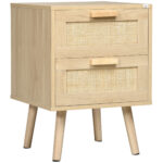 Comodino per Camera da Letto con 2 Cassetti in Stile Boho, 40x40x56cm, Colore Legno Naturale