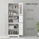 Mobile Colonna Bagno con 3 Armadietti e Ante in Vetro e a Persiana, 60x30x170,5cm, Bianco - immagine 4