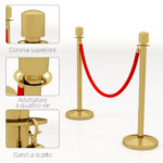 Colonnine Segnapercorso in Acciaio Inox Oro con Corda Vellutata Rossa di 1,5 m e Base Riempibile,, Ø32x96 cm - immagine 7