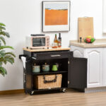 Carrello da Cucina Multiuso con Cassetto, Ruote, Portaspezie e Armadietto, Mobiletto Cucina con Ripiano Regolabile, Portasciugamani e Piano in Legno di Caucciù, 109x40x89 cm, Nero - immagine 2