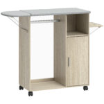 Mobile Asse da Stiro con Piano d'Appoggio Effetto Lino, 3 Ripiani a Cubo e Guida, 127x42,5x99 cm, Multicolore