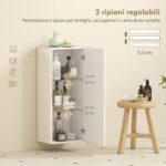 Mobiletto Bagno Pensile con 2 Ripiani in Vetro Regolabili e Anta Senza Maniglia, Bianco Lucido - immagine 4