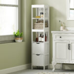 Mobile Bagno con 3 Ripiani Aperti e 2 Cassetti in Legno, 30x30x141,2 cm, Bianco - immagine 2