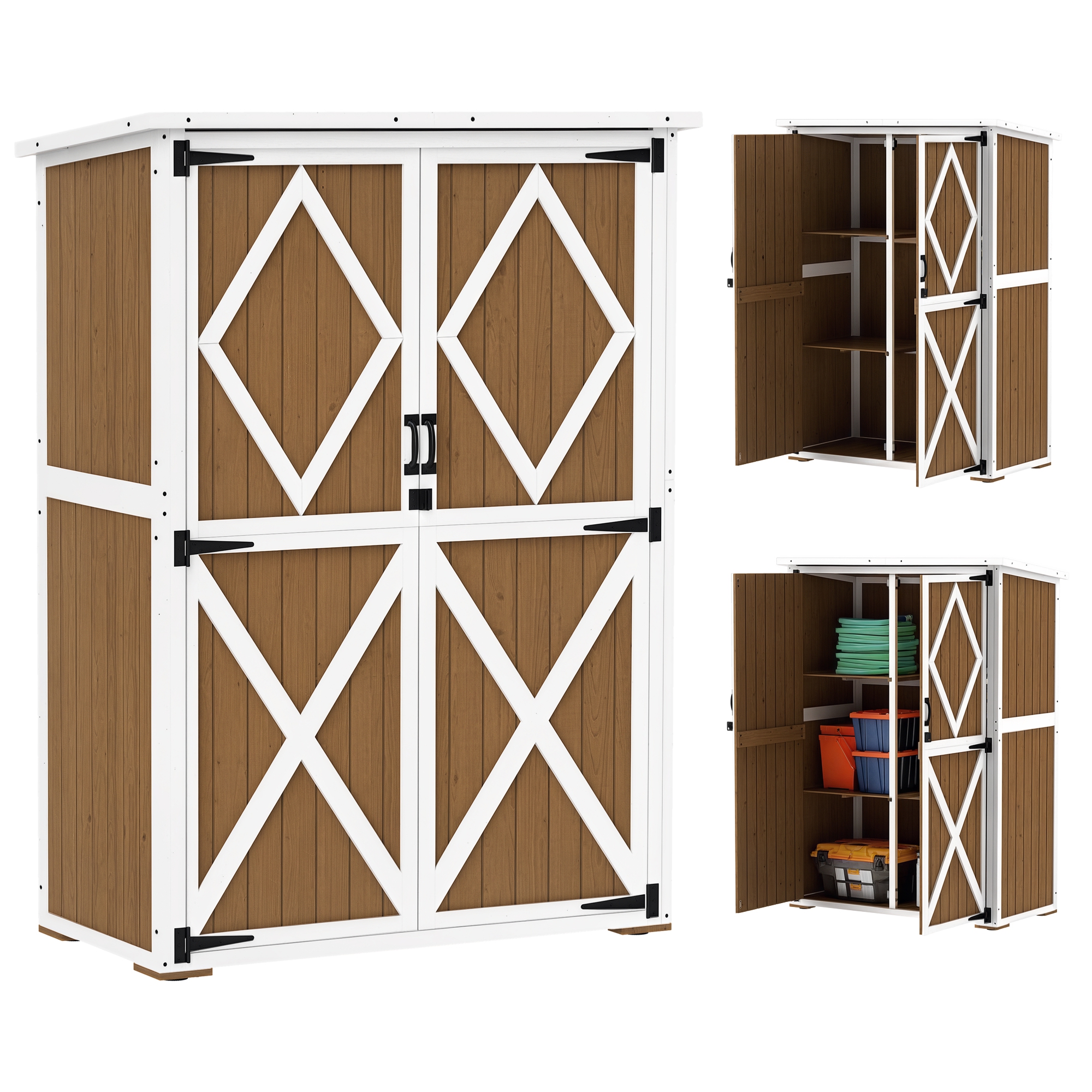 ooP07a1980b647ace.jpg Capanno da Giardino in Legno di Abete con 2 Ripiani e 2 Porte, 116,5x57x159/167 cm, Marrone e Bianco - immagine 1