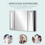 Armadietto con Specchio da Bagno a Parete in MDF con 3 Armadietti, 3 Ripiani e Luce LED, 90x15x65 cm, Nero - immagine 7