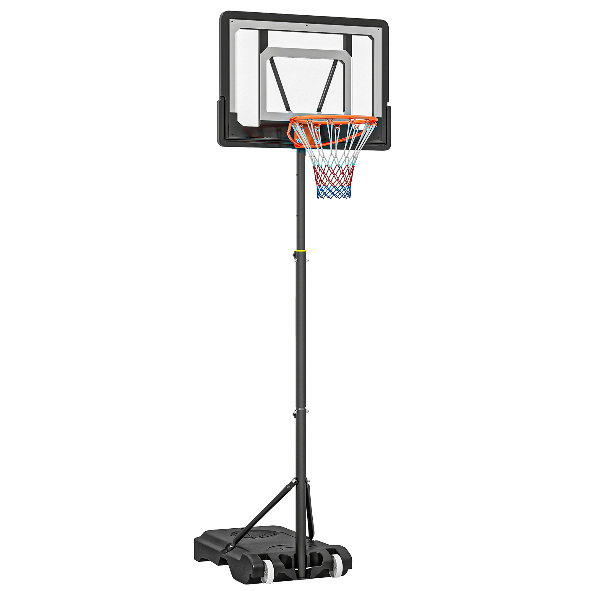 pGx95a19a919669e9.jpg Canestro Basket Altezza Regolabile 160-210cm, Struttura in Acciaio e Base con Ruote, Tabellone in PE Trasparente - immagine 1