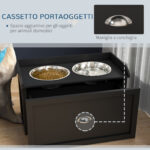 Ciotole per Cani Rialzate in Acciaio Inox e Legno con Cassetto, 60x30x36cm, Nero - immagine 5