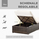 Lettino Prendisole in Rattan PE con Schienale Reclinabile su 5 Posizioni, 195x68x31cm, Marrone - immagine 4