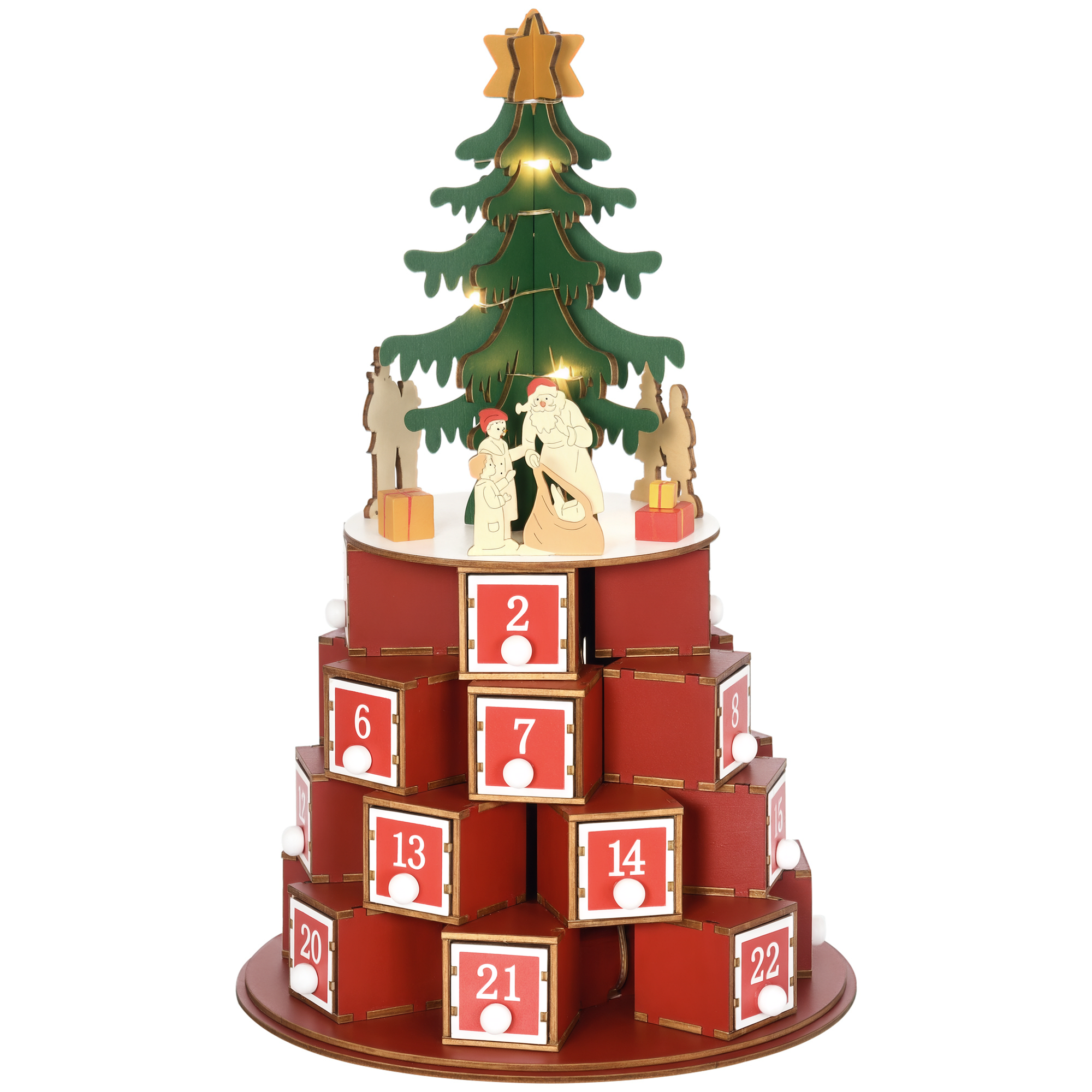 q61395198144aeed9.png Calendario Avvento di Natale a Cono con Motivi a Tema e 10 Luci a LED, 22x22x35 cm, in Compensato, Rosso Verde e Giallo - immagine 1