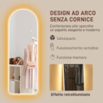 Specchio da Parete ad Arco con Illuminazione LED Regolabile e Controllo Touch, in Vetro Temperato, 40x3x120 cm - immagine 7