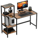 Scrivania per Camera con Scaffale a 4 Ripiani e Supporto per Monitor, 150x48x125cm, Marrone
