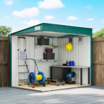 Capanno Attrezzi in Metallo 1,5x2m con Base, Porta Scorrevole e Tetto Inclinato, Verde - immagine 9