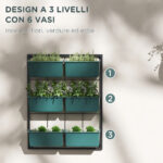 Orto Verticale da Parete a 3 Livelli con 6 Vasi, in Acciaio e Plastica, 52x14x66 cm, Verde - immagine 5