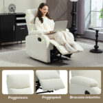 Poltrona Reclinabile Manualmente a 60° Extra Imbottita in Tessuto con Poggiapiedi, Crema - immagine 8