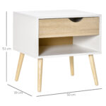Set di 2 Comodini Moderni con Cassetto e Mensola, Base Rialzata e Gambe in Legno, 50x39x51cm, Bianco e Rovere - immagine 3