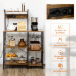 Scaffale Cucina Multipresa per Microonde con Ripiani e Cestino a Rete, 90x42x130cm, Marrone - immagine 4