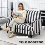 Poltrona da Salotto con Seduta Ampia in Velluto a Righe con Molle a S, 115x82x82 cm, Nero e Bianco - immagine 4