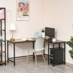 Scrivania Angolare in Stile Industriale con Ripiano Laterale, in Legno e Metallo Nero, 150x120x75cm - immagine 2