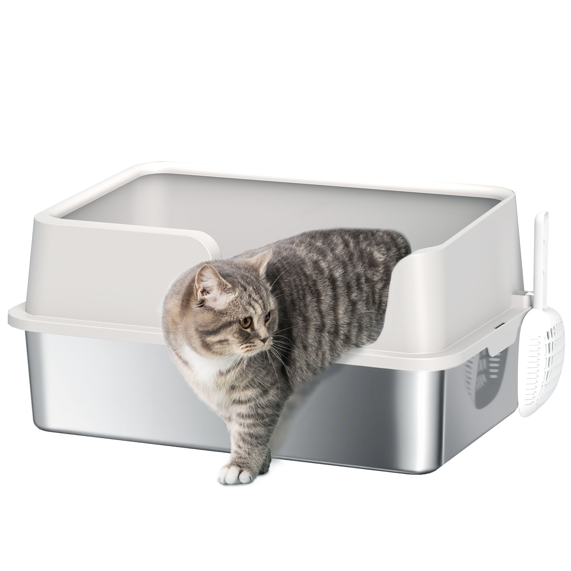 s5E3f8198082da828.jpg Lettiera per Gatti con Bordi Rialzati, Vassoio e Paletta, in Acciaio Inox e PP, 60x40x28 cm, Grigio Chiaro - immagine 1