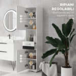 Colonna Bagno in MDF con Ripiano Aperto, Cassetto e Armadietto Chiuso, 37x32,5x170 cm, Bianco - immagine 5