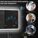Specchio Bagno Antiappannante con Luce LED Regolabile, Speaker Bluetooth, Pulsanti Touch, 80x1 cm - immagine 5
