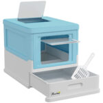 Lettiera per Gatti Chiusa con Paletta, Vassoio Estraibile e 2 Porte, 47,5x35,5x36,7cm, Azzurro