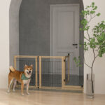 Cancelletto per Cani Estensibile con Porta e 2 Pannelli, Piedini Triangolari, 112-159x70 cm, Legno Naturale - immagine 2