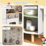 Cucina Giocattolo per Bambini 3-6 Anni con Macchina del Ghiaccio e Utensili, 84x34x89 cm, Bianco e Verde - immagine 7
