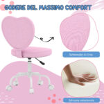 Sedia per Scrivania a Forma di Cuore con 5 Rotelle e Altezza Regolabile in Tessuto Rosa, 42x50x79-89cm - immagine 4