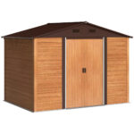 Casetta da Giardino in Acciaio Effetto Legno e Doppie Porte Scorrevoli, 278x195x215 cm, Marrone