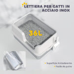 Lettiera per Gatti con Bordi Rialzati, Vassoio e Paletta, in Acciaio Inox e PP, 60x40x28 cm, Grigio Chiaro - immagine 5