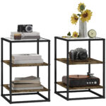 Set 2 Tavolini da Soggiorno a 3 Livelli in Legno e Metallo con Piano in Vetro Temperato, 37x40x55,5 cm, Marrone