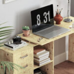 Scrivania Angolare per PC con 3 Cassetti e Ripiani Aperti, in Legno e Metallo, 117x83,5x76 cm, Noce - immagine 9