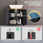 Mobile Sottolavabo in Truciolato e MDF a 2 Ante con Ripiano Interno Regolabile, 60x30x60 cm, Grigio - immagine 4