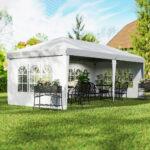 Gazebo da esterno bianco con Finestre Regolabile in Altezza e tende Removibili 5,9x3x2,7m - immagine 2