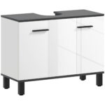 Mobile Sottolavabo Bagno con Armadietto 2 Ante e Ripiano Regolabile, 80x34x60 cm, Bianco Lucido