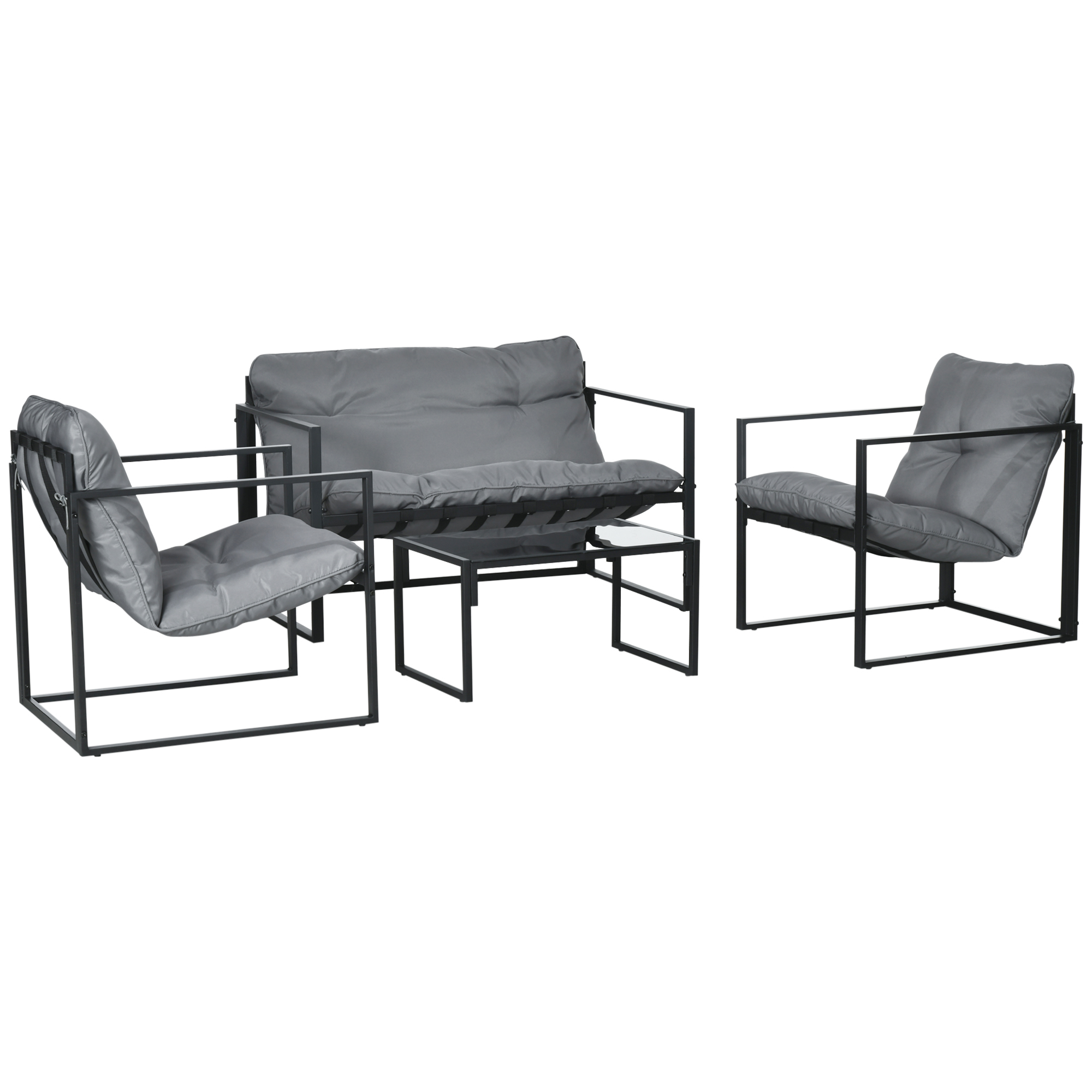 w1Ac8019bdeb9f644.jpg Set da Giardino 4 Pezzi con Divanetto, 2 Poltrone e Tavolino, in Acciaio, Poliestere e Cotone PP, Nero e Grigio - immagine 1