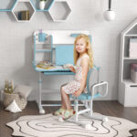 Set Scrivania e Sedia per Bambini Regolabili, Banco Scuola con Piano Inclinabile, Cassetto, Scaffale, Blu - immagine 2