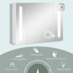 Armadietto Specchiera da Bagno con 3 Armadietti, 3 Ripiani e Luce LED, 90x15x65 cm, Bianco - immagine 5