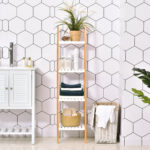 Scaffale per il Bagno a Scala con 4 Ripiani in Legno di Pino e Bambù, 35x36x138,5 cm, Bianco e Legno - immagine 2