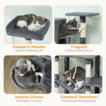 Albero Tiragraffi per Gatti Alto 202 cm con 6 Pali in Sisal, 2 Casette, 2 Amache e Lettino, Grigio - immagine 6
