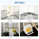 Gabbia per Uccelli con 3 Posatoi, 2 Ciotole e 2 Porte Laterali, in Acciaio, PP e Legno, 46x36x130 cm, Nera - immagine 7